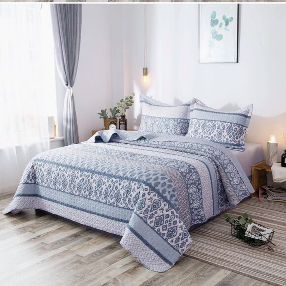 Cottage Boho Printed Queen Quilt Set Granny Shabby Chic Country Rustic New